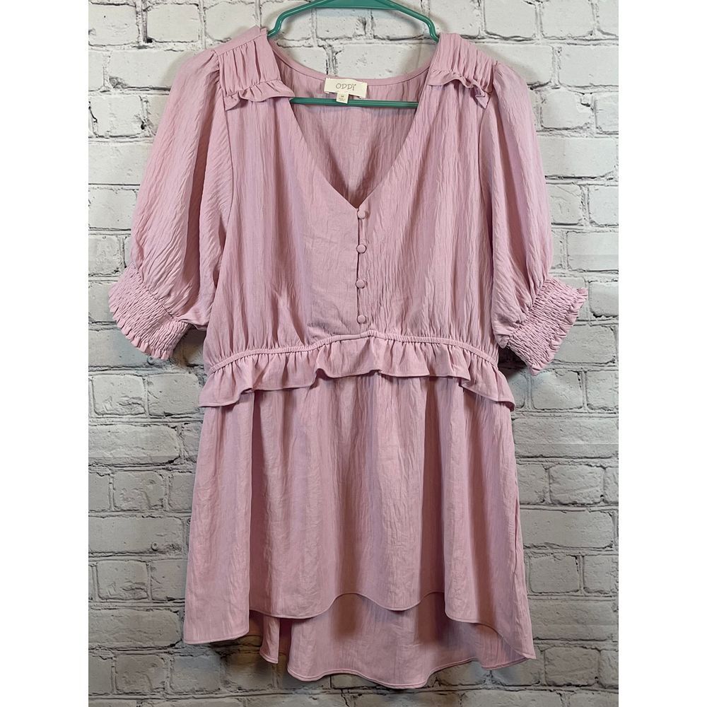 ODDI Pink‎ Ruffle Trim Puff Sleeve Romantic Babydoll Blouse Medium